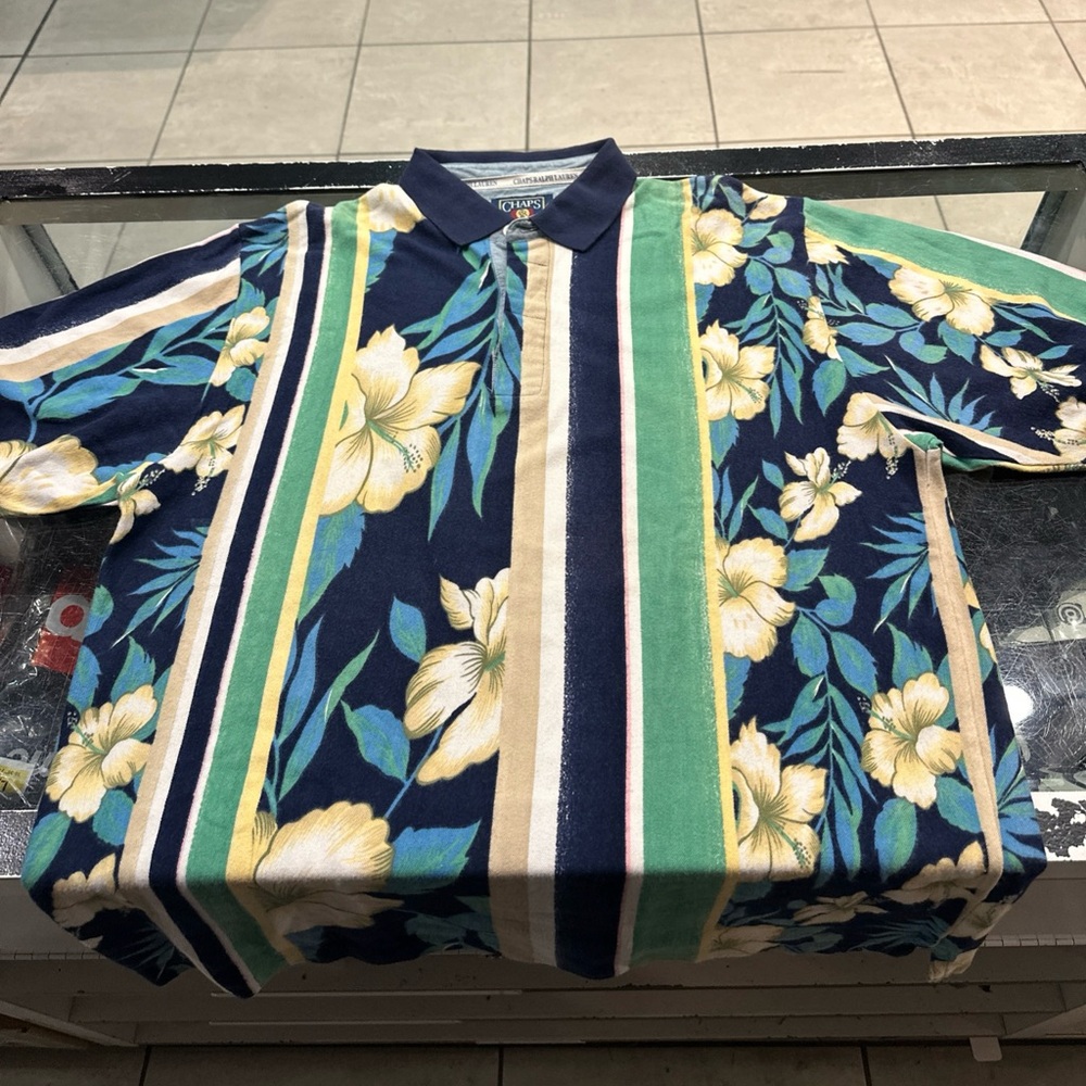 Ralph Lauren Chaps 100% Cotton Flannel Blue Green Floral Hawaiian Polo Shirt L